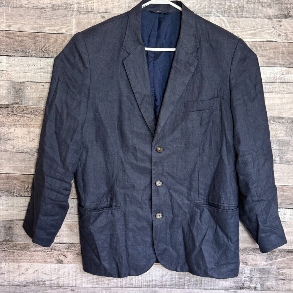 Vintage Gap Linen Blazer Sport Coat Mens Large Navy 3 Button Preppy Office